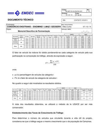 DOCUMENTO TÉCNICO
Contratado
CONSÓRCIO ENGITRANS – ENGIMIND / LMAZ / GEOSERV
Resp. Técnico Emitente
Hélio Cunha 07 / 10 / 14
Objeto
Memorial Descritivo de Pavimentação
Verificação / EMDEC
__ / __ / __
Código
RE-BRT-OV-02-PB-PAV-001
Rev.
02
Emissão
25 / 04 / 16
Folha
31 de 49
O.S. CONTRATO 023/2013
E1 ESRS 6 3 1 6 3 0,3273 0,0164 0,2779 0,0172
E2E3 ETD 17 6 1 17 6 1,6424 0,0220 8,5488 0,0801
E1 ESRS 6 3 1 6 3 0,3273 0,0164 0,2779 0,0172
E2E3 ETD 17 6 1 17 6 1,6424 0,0220 8,5488 0,0801
E4E5 ETD 17 6 1 17 6 1,6424 0,0220 8,5488 0,0801
E1 ESRS 6 3 1 6 3 0,3273 0,0164 0,2779 0,0172
E2 ESRD 10 5 1 10 5 2,3944 0,1199 3,2895 0,1336
E3 ESRD 10 5 1 10 5 2,3944 0,1199 3,2895 0,1336
AASHTO
Fator equiv. FC
vazio
USACE
Fator carga
FCARGA
Eq.Tipo
veículo
Carga por
eixo (t)
3S2
3C
Carga máx.
eixo (t)
Fator equiv. FC
AASHTO
Fator equiv. FC
USACE
Tipo eixos
Carga vazio
(t)
Carga vazio
(t)
Fator equiv. FC
vazio
Caminhão 2 e
3 Eixos
Caminhão 4
ou mais Eixos
Ônibus
Tipo veículo Nº eixos
2SB1
O fator de veículo da rodovia foi obtido ponderando-se cada categoria de veículo pela sua
participação na composição do tráfego, através da expressão a seguir.
100
∑ ×
=
ii FVp
FV
onde:
• pi é a percentagem de veículos da categoria i
• FVi é o fator de veículo da categoria de veículos i
No quadro a seguir são mostrados os resultados obtidos.
E1 ESRS 6 3 1 6 3 0,3273 0,0164 0,2779 0,0172
E2E3 ETD 17 6 1 17 6 1,6424 0,0220 8,5488 0,0801
E1 ESRS 6 3 1 6 3 0,3273 0,0164 0,2779 0,0172
E2E3 ETD 17 6 1 17 6 1,6424 0,0220 8,5488 0,0801
E4E5 ETD 17 6 1 17 6 1,6424 0,0220 8,5488 0,0801
E1 ESRS 6 3 1 6 3 0,3273 0,0164 0,2779 0,0172
E2 ESRD 10 5 1 10 5 2,3944 0,1199 3,2895 0,1336
E3 ESRD 10 5 1 10 5 2,3944 0,1199 3,2895 0,1336
AASHTO
Fator equiv. FC
vazio
USACE
Fator carga
FCARGA
3,9012
Eq.Tipo
veículo
Carga por
eixo (t)
5,2137
3S2 2,7242 13,0760
3C 1,4869 6,6444
Carga máx.
eixo (t)
Fator equiv. FC
AASHTO
Fator equiv. FC
USACE
Fator veículo FV
AASHTO
Fator veículo
FV USACE
Tipo eixos
Carga vazio
(t)
Carga vazio
(t)
Fator equiv. FC
vazio
Caminhão 2 e
3 Eixos
Caminhão 4
ou mais Eixos
Ônibus
Tipo veículo Nº eixos
2SB1
À vista dos resultados obtenidos, se utilizará o método de la USACE por ser más
conservador.
Estabelecimento das Taxas de Crescimento do Tráfego
Para determinar o número de veículos que circularão durante a vida útil do projeto,
considerou-se que o tráfego segue o mesmo crescimento que o da população de Campinas.
 