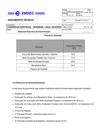 DOCUMENTO TÉCNICO
Contratado
CONSÓRCIO ENGITRANS – ENGIMIND / LMAZ / GEOSERV
Resp. Técnico Emitente
Hélio Cunha 07 / 10 / 14
Objeto
Memorial Descritivo de Pavimentação
Verificação / EMDEC
__ / __ / __
Código
RE-BRT-OV-02-PB-PAV-001
Rev.
02
Emissão
25 / 04 / 16
Folha
45 de 49
O.S. CONTRATO 023/2013
Estrutura Adotada
Camada
Espessura Física
(cm)
Concreto Betuminoso Usinado a Quente 12,5
Brita Graduada Tratada com Cimento 17,0
Brita Graduada Simples 20,0
Macadame Seco 20,0
Preparo do Subleito -
3.3.4Resumo do dimensionamento
A estrutura do pavimento que resulta finalmente estará formada pelas seguintes camadas:
• Preparo de subleito;
• Execução do reforço com Macadame Seco, na espessura de 20,0 cm;
• Execução de sub-base com Brita Graduada Simples, na espessura de 20,0 cm;
• Execução de base com Brita Graduada Tratada com Cimento-BGTC, na espessura de
17,0 cm;
• Pintura de ligação;
• 1ª Camada (binder) - espessura igual a 6,5 cm;
• Pintura de ligação;
• 2ª Camada (camada de desgaste) - espessura igual a 6 cm.
 