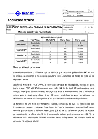 DOCUMENTO TÉCNICO
Contratado
CONSÓRCIO ENGITRANS – ENGIMIND / LMAZ / GEOSERV
Resp. Técnico Emitente
Hélio Cunha 07 / 10 / 14
Objeto
Memorial Descritivo de Pavimentação
Verificação / EMDEC
__ / __ / __
Código
RE-BRT-OV-03-PB-PAV-001
Rev.
02
Emissão
25 / 04 / 16
Folha
10 de 46
O.S. CONTRATO 023/2013
CORREDOR OURO VERDE
Trecho Tipo Veículo Oferta HPS Oferta Diária Oferta Anual
Trecho A-OV
Biarticulado 0 0 0
Articulado 12 72 26.280
Trecho B-OV
Biarticulado 22 132 48.180
Articulado 24 144 52.560
Trecho C-OV
Biarticulado 34 204 74.460
Articulado 36 216 78.840
Trecho D-OV
Biarticulado 22 132 48.180
Articulado 36 216 78.840
Oferta na vida útil do projeto
Uma vez determinado o número e tipo de veículos que circularão pelas faixas BRT no ano
de entrada operacional, é necessário calcular o seu acumulado ao longo da vida útil do
projeto (20 anos).
Segundo a fonte SISTRAN (2009), a produção e atração de passageiros, na hora de pico,
desde o ano 2010 até 2040 aumenta num valor 34 % do total. Considerando-se uma
variação linear para este incremento ao longo dos anos e tendo em conta que o período de
projeto para o pavimento rígido é de 20 anos, estabelece-se para os cálculos um
crescimento na oferta dos passageiros de 23 % durante toda a vida útil do pavimento.
Ao tratar-se de um meio de transporte público, considerou-se que as frequências das
circulações se mantêm constantes durante um período de cinco anos, incrementando-se as
mesmas quando acaba o período. Assim, para que ao fim do período de projeto se alcance
um crescimento na oferta de 23 %, é necessário aplicar um incremento de 5,32 % na
frequência das circulações quando acabem estes quinquênios, de acordo como se
apresenta na seguinte tabela:
 