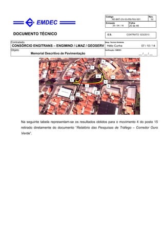 DOCUMENTO TÉCNICO
Contratado
CONSÓRCIO ENGITRANS – ENGIMIND / LMAZ / GEOSERV
Resp. Técnico Emitente
Hélio Cunha 07 / 10 / 14
Objeto
Memorial Descritivo de Pavimentação
Verificação / EMDEC
__ / __ / __
Código
RE-BRT-OV-03-PB-PAV-001
Rev.
02
Emissão
25 / 04 / 16
Folha
20 de 46
O.S. CONTRATO 023/2013
Na seguinte tabela representam-se os resultados obtidos para o movimento 4 do posto 15
retirado diretamente do documento “Relatório das Pesquisas de Tráfego – Corredor Ouro
Verde”.
 