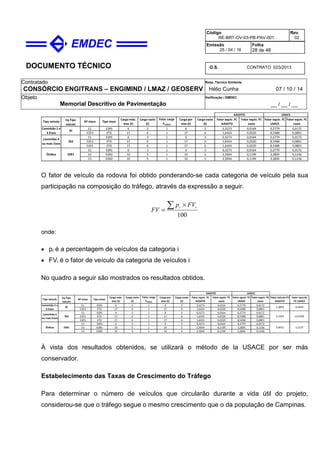 DOCUMENTO TÉCNICO
Contratado
CONSÓRCIO ENGITRANS – ENGIMIND / LMAZ / GEOSERV
Resp. Técnico Emitente
Hélio Cunha 07 / 10 / 14
Objeto
Memorial Descritivo de Pavimentação
Verificação / EMDEC
__ / __ / __
Código
RE-BRT-OV-03-PB-PAV-001
Rev.
02
Emissão
25 / 04 / 16
Folha
28 de 46
O.S. CONTRATO 023/2013
E1 ESRS 6 3 1 6 3 0,3273 0,0164 0,2779 0,0172
E2E3 ETD 17 6 1 17 6 1,6424 0,0220 8,5488 0,0801
E1 ESRS 6 3 1 6 3 0,3273 0,0164 0,2779 0,0172
E2E3 ETD 17 6 1 17 6 1,6424 0,0220 8,5488 0,0801
E4E5 ETD 17 6 1 17 6 1,6424 0,0220 8,5488 0,0801
E1 ESRS 6 3 1 6 3 0,3273 0,0164 0,2779 0,0172
E2 ESRD 10 5 1 10 5 2,3944 0,1199 3,2895 0,1336
E3 ESRD 10 5 1 10 5 2,3944 0,1199 3,2895 0,1336
AASHTO
Fator equiv. FC
vazio
USACE
Fator carga
FCARGA
Eq.Tipo
veículo
Carga por
eixo (t)
3S2
3C
Carga máx.
eixo (t)
Fator equiv. FC
AASHTO
Fator equiv. FC
USACE
Tipo eixos
Carga vazio
(t)
Carga vazio
(t)
Fator equiv. FC
vazio
Caminhão 2 e
3 Eixos
Caminhão 4
ou mais Eixos
Ônibus
Tipo veículo Nº eixos
2SB1
O fator de veículo da rodovia foi obtido ponderando-se cada categoria de veículo pela sua
participação na composição do tráfego, através da expressão a seguir.
100
∑ ×
=
ii FVp
FV
onde:
• pi é a percentagem de veículos da categoria i
• FVi é o fator de veículo da categoria de veículos i
No quadro a seguir são mostrados os resultados obtidos.
E1 ESRS 6 3 1 6 3 0,3273 0,0164 0,2779 0,0172
E2E3 ETD 17 6 1 17 6 1,6424 0,0220 8,5488 0,0801
E1 ESRS 6 3 1 6 3 0,3273 0,0164 0,2779 0,0172
E2E3 ETD 17 6 1 17 6 1,6424 0,0220 8,5488 0,0801
E4E5 ETD 17 6 1 17 6 1,6424 0,0220 8,5488 0,0801
E1 ESRS 6 3 1 6 3 0,3273 0,0164 0,2779 0,0172
E2 ESRD 10 5 1 10 5 2,3944 0,1199 3,2895 0,1336
E3 ESRD 10 5 1 10 5 2,3944 0,1199 3,2895 0,1336
AASHTO
Fator equiv. FC
vazio
USACE
Fator carga
FCARGA
3,9012
Eq.Tipo
veículo
Carga por
eixo (t)
5,2137
3S2 2,7242 13,0760
3C 1,4869 6,6444
Carga máx.
eixo (t)
Fator equiv. FC
AASHTO
Fator equiv. FC
USACE
Fator veículo FV
AASHTO
Fator veículo
FV USACE
Tipo eixos
Carga vazio
(t)
Carga vazio
(t)
Fator equiv. FC
vazio
Caminhão 2 e
3 Eixos
Caminhão 4
ou mais Eixos
Ônibus
Tipo veículo Nº eixos
2SB1
À vista dos resultados obtenidos, se utilizará o método de la USACE por ser más
conservador.
Estabelecimento das Taxas de Crescimento do Tráfego
Para determinar o número de veículos que circularão durante a vida útil do projeto,
considerou-se que o tráfego segue o mesmo crescimento que o da população de Campinas.
 