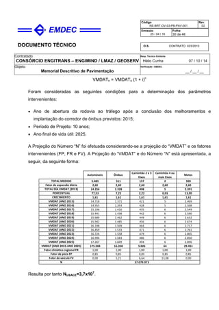 DOCUMENTO TÉCNICO
Contratado
CONSÓRCIO ENGITRANS – ENGIMIND / LMAZ / GEOSERV
Resp. Técnico Emitente
Hélio Cunha 07 / 10 / 14
Objeto
Memorial Descritivo de Pavimentação
Verificação / EMDEC
__ / __ / __
Código
RE-BRT-OV-03-PB-PAV-001
Rev.
02
Emissão
25 / 04 / 16
Folha
30 de 46
O.S. CONTRATO 023/2013
VMDATn = VMDATo (1 + i)n
Foram consideradas as seguintes condições para a determinação dos parâmetros
intervenientes:
• Ano de abertura da rodovia ao tráfego após a conclusão dos melhoramentos e
implantação do corredor de ônibus previstos: 2015;
• Período de Projeto: 10 anos;
• Ano final de vida útil: 2025.
A Projeção do Número “N” foi efetuada considerando-se a projeção do “VMDAT” e os fatores
intervenientes (FP, FR e FV). A Projeção do “VMDAT” e do Número “N” está apresentada, a
seguir, da seguinte forma:
5.485 511 157 2 920
2,60 2,60 2,60 2,60 2,60
14.256 1.328 408 5 2.391
77,53 7,22 2,22 0,03 13,00
1,61 1,61 1,61 1,61 1,61
14.718 1.371 421 5 2.469
14.955 1.393 428 5 2.508
15.196 1.416 435 6 2.549
15.441 1.438 442 6 2.590
15.689 1.462 449 6 2.632
15.942 1.485 456 6 2.674
16.198 1.509 464 6 2.717
16.459 1.533 471 6 2.761
16.724 1.558 479 6 2.805
16.994 1.583 486 6 2.850
17.267 1.609 494 6 2.896
175.584 16.358 5.026 64 29.451
1,00 1,00 1,00 1,00 1,00
0,85 0,85 0,85 0,85 0,85
0,00 5,21 6,64 13,08 0,00
Automóveis Ônibus
Caminhão 2 e 3
Eixos
Caminhão 4 ou
mais Eixos
Motos
TOTAL MEDIDO
Fator de expansão diária
TOTAL DÍA VMDAT (2013)
PORCENTUAL
CRECIMIENTO
VMDAT (ANO 2015)
VMDAT (ANO 2016)
VMDAT (ANO 2017)
VMDAT (ANO 2018)
VMDAT (ANO 2019)
VMDAT (ANO 2020)
VMDAT (ANO 2021)
VMDAT (ANO 2022)
VMDAT (ANO 2023)
VMDAT (ANO 2024)
VMDAT (ANO 2025)
VMDAT (ANO 2015-ANO 2025)
Fator climático regional FR
Fator de pista FP
Fator de veículo FV
N 37.079.973
Resulta por tanto NUSACE=3,7x107
.
 