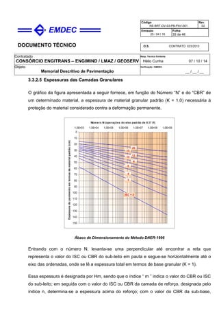 DOCUMENTO TÉCNICO
Contratado
CONSÓRCIO ENGITRANS – ENGIMIND / LMAZ / GEOSERV
Resp. Técnico Emitente
Hélio Cunha 07 / 10 / 14
Objeto
Memorial Descritivo de Pavimentação
Verificação / EMDEC
__ / __ / __
Código
RE-BRT-OV-03-PB-PAV-001
Rev.
02
Emissão
25 / 04 / 16
Folha
35 de 46
O.S. CONTRATO 023/2013
3.3.2.5 Espessuras das Camadas Granulares
O gráfico da figura apresentada a seguir fornece, em função do Número “N” e do “CBR” de
um determinado material, a espessura de material granular padrão (K = 1,0) necessária à
proteção do material considerado contra a deformação permanente.
Ábaco de Dimensionamento do Método DNER-1996
Entrando com o número N, levanta-se uma perpendicular até encontrar a reta que
representa o valor do ISC ou CBR do sub-leito em pauta e segue-se horizontalmente até o
eixo das ordenadas, onde se lê a espessura total em termos de base granular (K = 1).
Essa espessura é designada por Hm, sendo que o índice “ m ” indica o valor do CBR ou ISC
do sub-leito; em seguida com o valor do ISC ou CBR da camada de reforço, designada pelo
índice n, determina-se a espessura acima do reforço; com o valor do CBR da sub-base,
 