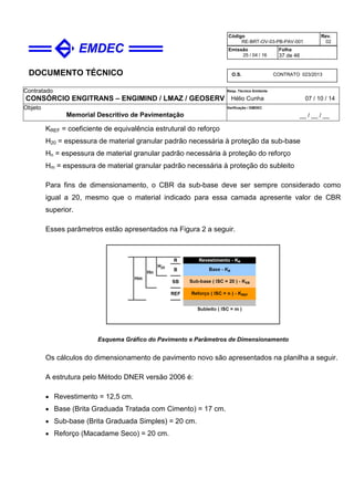DOCUMENTO TÉCNICO
Contratado
CONSÓRCIO ENGITRANS – ENGIMIND / LMAZ / GEOSERV
Resp. Técnico Emitente
Hélio Cunha 07 / 10 / 14
Objeto
Memorial Descritivo de Pavimentação
Verificação / EMDEC
__ / __ / __
Código
RE-BRT-OV-03-PB-PAV-001
Rev.
02
Emissão
25 / 04 / 16
Folha
37 de 46
O.S. CONTRATO 023/2013
KREF = coeficiente de equivalência estrutural do reforço
H20 = espessura de material granular padrão necessária à proteção da sub-base
Hn = espessura de material granular padrão necessária à proteção do reforço
Hm = espessura de material granular padrão necessária à proteção do subleito
Para fins de dimensionamento, o CBR da sub-base deve ser sempre considerado como
igual a 20, mesmo que o material indicado para essa camada apresente valor de CBR
superior.
Esses parâmetros estão apresentados na Figura 2 a seguir.
Esquema Gráfico do Pavimento e Parâmetros de Dimensionamento
Os cálculos do dimensionamento de pavimento novo são apresentados na planilha a seguir.
A estrutura pelo Método DNER versão 2006 é:
• Revestimento = 12,5 cm.
• Base (Brita Graduada Tratada com Cimento) = 17 cm.
• Sub-base (Brita Graduada Simples) = 20 cm.
• Reforço (Macadame Seco) = 20 cm.
 