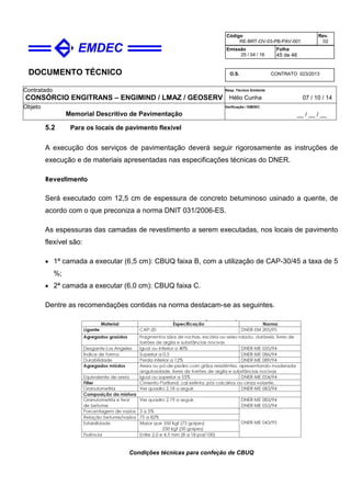 DOCUMENTO TÉCNICO
Contratado
CONSÓRCIO ENGITRANS – ENGIMIND / LMAZ / GEOSERV
Resp. Técnico Emitente
Hélio Cunha 07 / 10 / 14
Objeto
Memorial Descritivo de Pavimentação
Verificação / EMDEC
__ / __ / __
Código
RE-BRT-OV-03-PB-PAV-001
Rev.
02
Emissão
25 / 04 / 16
Folha
45 de 46
O.S. CONTRATO 023/2013
5.2 Para os locais de pavimento flexível
A execução dos serviços de pavimentação deverá seguir rigorosamente as instruções de
execução e de materiais apresentadas nas especificações técnicas do DNER.
Revestimento
Será executado com 12,5 cm de espessura de concreto betuminoso usinado a quente, de
acordo com o que preconiza a norma DNIT 031/2006-ES.
As espessuras das camadas de revestimento a serem executadas, nos locais de pavimento
flexível são:
• 1ª camada a executar (6,5 cm): CBUQ faixa B, com a utilização de CAP-30/45 a taxa de 5
%;
• 2ª camada a executar (6,0 cm): CBUQ faixa C.
Dentre as recomendações contidas na norma destacam-se as seguintes.
Condições técnicas para confeção de CBUQ
 