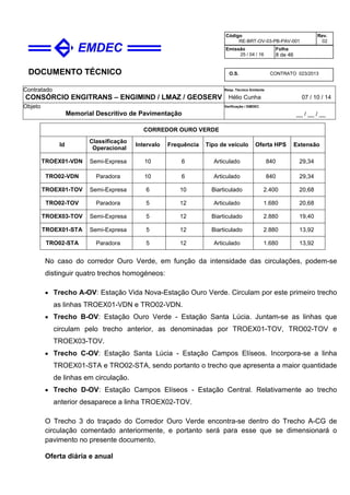 DOCUMENTO TÉCNICO
Contratado
CONSÓRCIO ENGITRANS – ENGIMIND / LMAZ / GEOSERV
Resp. Técnico Emitente
Hélio Cunha 07 / 10 / 14
Objeto
Memorial Descritivo de Pavimentação
Verificação / EMDEC
__ / __ / __
Código
RE-BRT-OV-03-PB-PAV-001
Rev.
02
Emissão
25 / 04 / 16
Folha
8 de 46
O.S. CONTRATO 023/2013
CORREDOR OURO VERDE
Id
Classificação
Operacional
Intervalo Frequência Tipo de veículo Oferta HPS Extensão
TROEX01-VDN Semi-Expresa 10 6 Articulado 840 29,34
TRO02-VDN Paradora 10 6 Articulado 840 29,34
TROEX01-TOV Semi-Expresa 6 10 Biarticulado 2.400 20,68
TRO02-TOV Paradora 5 12 Articulado 1.680 20,68
TROEX03-TOV Semi-Expresa 5 12 Biarticulado 2.880 19,40
TROEX01-STA Semi-Expresa 5 12 Biarticulado 2.880 13,92
TRO02-STA Paradora 5 12 Articulado 1.680 13,92
No caso do corredor Ouro Verde, em função da intensidade das circulações, podem-se
distinguir quatro trechos homogéneos:
• Trecho A-OV: Estação Vida Nova-Estação Ouro Verde. Circulam por este primeiro trecho
as linhas TROEX01-VDN e TRO02-VDN.
• Trecho B-OV: Estação Ouro Verde - Estação Santa Lúcia. Juntam-se as linhas que
circulam pelo trecho anterior, as denominadas por TROEX01-TOV, TRO02-TOV e
TROEX03-TOV.
• Trecho C-OV: Estação Santa Lúcia - Estação Campos Elíseos. Incorpora-se a linha
TROEX01-STA e TRO02-STA, sendo portanto o trecho que apresenta a maior quantidade
de linhas em circulação.
• Trecho D-OV: Estação Campos Elíseos - Estação Central. Relativamente ao trecho
anterior desaparece a linha TROEX02-TOV.
O Trecho 3 do traçado do Corredor Ouro Verde encontra-se dentro do Trecho A-CG de
circulação comentado anteriormente, e portanto será para esse que se dimensionará o
pavimento no presente documento.
Oferta diária e anual
 