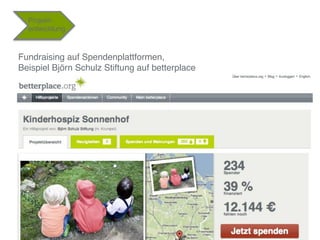 Projekt-
  entwicklung"



Fundraising auf Spendenplattformen,  
Beispiel Björn Schulz Stiftung auf betterplace"




     ...