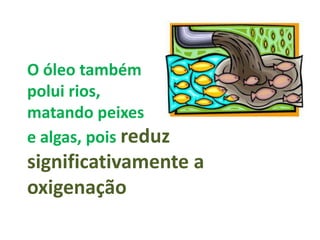 O óleo também
polui rios,
matando peixes
e algas, pois reduz
significativamente a
oxigenação
 