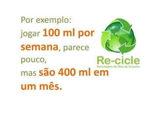 Por exemplo:
jogar 100 ml por
semana, parece
pouco,
mas são 400 ml em
um mês.
 