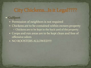 GulfportPermission of neighbors is not requiredChickens are to be contained within owners propertyChickens are to be kept in the back yard of the propertyCoops and run areas are to be kept clean and free of offensive odorsNO ROOSTERS ALLOWED!!!!City Chickens…Is it Legal????