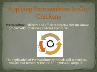 Applying Permaculture to City ChickensPermaculture: Effective and efficient systems that maximize productivity by viewing systems as a wholeThe application of Permaculture principals will require you analyze and maximize the use of “inputs and outputs”