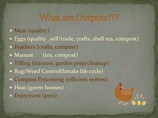 Meat (quality)Eggs (quality , sell/trade, crafts, shell tea, compost)Feathers (crafts, compost)Manure	 (tea, compost)Tilling (tractors, garden prep/cleanup)Bug/Weed Control(breaks life cycle)Compost Processing (efficient system)Heat (green houses)Enjoyment (pets)What are Outputs???