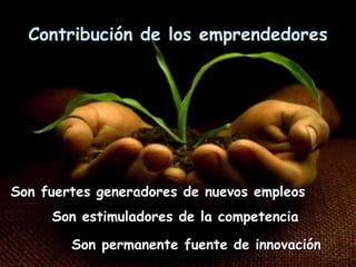 Contribución de los emprendedores Son fuertes generadores de nuevos empleos Son estimuladores de la competencia Son permanente fuente de innovación 