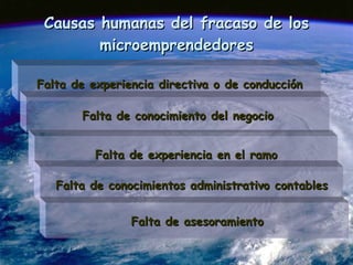 Causas humanas del fracaso de los microemprendedores Falta de experiencia directiva o de conducción Falta de conocimiento del negocio Falta de experiencia en el ramo Falta de conocimientos administrativo contables Falta de asesoramiento 