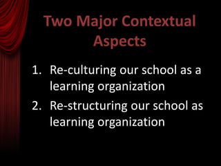 Two Major Contextual
       Aspects
1. Re-culturing our school as a
   learning organization
2. Re-structuring our school as
   learning organization
 