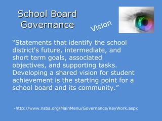 School Board Governance Vision -http://www.nsba.org/MainMenu/Governance/KeyWork.aspx “ Statements that identify the school district's future, intermediate, and short term goals, associated objectives, and supporting tasks.  Developing a shared vision for student achievement is the starting point for a school board and its community.”  