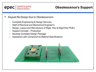 11
Obsolescence's Support
 Keypad Re-Design Due to Obsolescence's
– Complete Engineering & Design Services
– Staff of Electrical and Mechanical Engineer’s
– Design, Layout and Manufacture of Rigid, Flex & Rigid-Flex PCB’s
– Support Concept – Production
– Develop Complete Design Package
– Assistance with Component & Material Specifications
 