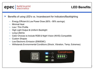 8
LED Benefits
 Benefits of using LED’s vs. Incandescent for Indicators/Backlighting
– Energy Efficient & Low Power Draw (80% - 90% savings)
– Minimal Heat
– Low / Thin Profile
– High Light Output & Uniform Backlight
– Long Lifetime
– Color Choices to Include RGB & Night Vision (NVIS) Compatible
– Custom Shapes
– Low Electronic Emission (EMI/EMC)
– Withstands Environmental Conditions (Shock, Vibration, Temp. Extremes)
 