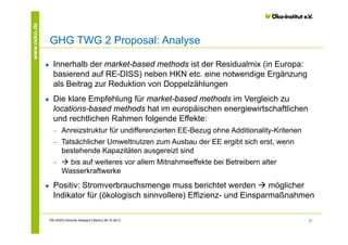 www.oeko.de

GHG TWG 2 Proposal: Analyse
●

Innerhalb der market-based methods ist der Residualmix (in Europa:
basierend auf RE-DISS) neben HKN etc. eine notwendige Ergänzung
als Beitrag zur Reduktion von Doppelzählungen

●

Die klare Empfehlung für market-based methods im Vergleich zu
locations-based methods hat im europäischen energiewirtschaftlichen
und rechtlichen Rahmen folgende Effekte:
‒
‒

Tatsächlicher Umweltnutzen zum Ausbau der EE ergibt sich erst, wenn
bestehende Kapazitäten ausgereizt sind

‒

●

Anreizstruktur für undifferenzierten EE-Bezug ohne Additionality-Kriterien

 bis auf weiteres vor allem Mitnahmeeffekte bei Betreibern alter
Wasserkraftwerke

Positiv: Stromverbrauchsmenge muss berichtet werden  möglicher
Indikator für (ökologisch sinnvollere) Effizienz- und Einsparmaßnahmen
RE-DISS│Dominik Seebach│Berlin│29.10.2013

22

 