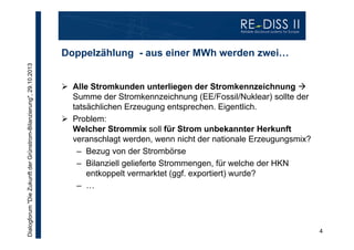 Dialogforum "Die Zukunft der Grünstrom-Bilanzierung", 29.10.2013

Doppelzählung - aus einer MWh werden zwei…
 Alle Stromkunden unterliegen der Stromkennzeichnung 
Summe der Stromkennzeichnung (EE/Fossil/Nuklear) sollte der
tatsächlichen Erzeugung entsprechen. Eigentlich.
 Problem:
Welcher Strommix soll für Strom unbekannter Herkunft
veranschlagt werden, wenn nicht der nationale Erzeugungsmix?
– Bezug von der Strombörse
– Bilanziell gelieferte Strommengen, für welche der HKN
entkoppelt vermarktet (ggf. exportiert) wurde?
– …

4

 