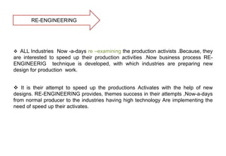 RE-ENGINEERING
 ALL Industries Now -a-days re –examining the production activists .Because, they
are interested to speed up their production activities .Now business process RE-
ENGINEERIG technique is developed, with which industries are preparing new
design for production work.
 It is their attempt to speed up the productions Activates with the help of new
designs. RE-ENGINEERING provides, themes success in their attempts ,Now-a-days
from normal producer to the industries having high technology Are implementing the
need of speed up their activates.
 