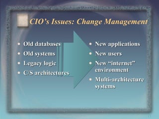 CIO’s Issues: Change Management
• Old databases
• Old systems

• New applications
• New users

• Legacy logic
• C/S architectures

• New “internet”
environment
• Multi-architecture
systems

15

 