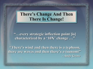 There’s Change And Then
There Is Change!
“…every strategic inflection point [is]
characterized by a ‘10X’ change …”
“There’s wind and then there is a typhoon,
there are waves and then there’s a tsunami”
- Andy Grove
2

 