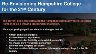 Support Independent HampshireOur current target is $5 Million by April 20 
 
Donate to either:
                                                             
Re-Envisioning Hampshire College
for the 21st Century
The current crisis has catalyzed the Hampshire community to Re-Envision
Hampshire as a thriving independent institution.
We are proposing signiﬁcant structural changes that will:  
• Attract and retain students
• Achieve ﬁnancial equilibrium
• Create curricular ﬂexibility while retaining stability
• Re-engage our Five College consortium
• Embrace and integrate our alums
• Demonstrate the vital importance of this experimenting college for the 21st
century
 