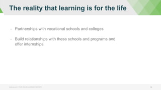The reality that learning is for the life
bizlibrary.com | YOUR ONLINE LEARNING PARTNER 18
-  Partnerships with vocational schools and colleges
-  Build relationships with these schools and programs and
offer internships.
 