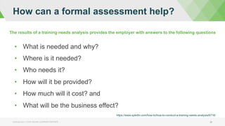 bizlibrary.com | YOUR ONLINE LEARNING PARTNER 26
The results of a training needs analysis provides the employer with answers to the following questions
•  What is needed and why?
•  Where is it needed?
•  Who needs it?
•  How will it be provided?
•  How much will it cost? and
•  What will be the business effect?
How can a formal assessment help?
https://www.xperthr.com/how-to/how-to-conduct-a-training-needs-analysis/6716/
 
