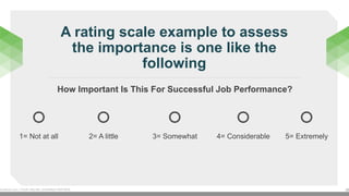 A rating scale example to assess
the importance is one like the
following
bizlibrary.com | YOUR ONLINE LEARNING PARTNER 28
How Important Is This For Successful Job Performance?
1= Not at all 2= A little 3= Somewhat 4= Considerable 5= Extremely
 