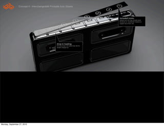 Concept 4 - Interchangeable Printable Icon Sheets



                                                                                               included icons:
                                                                                               default icon set may include basic
                                                                                               functions or “numbered” buttons to
                                                                                               support out of box use.




                                                   drop-in loading:
                                                   full strip drops into button bar slot for
                                                   simple change-out




Monday, September 27, 2010
 