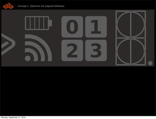 Concept 1 - Electronic Ink Segment De!nition
                 System Menu Map
                                                                comments about interaction design for Concept B
       Interaction Flow
                                                                • !xed segment limitation; 4 characters per button
                                                                • !xed number of buttons (8)
                                                                • menu structure and navigation challenges
                                                                • information retained without power
                                                                • high contrast
                                                                • no illumination




Monday, September 27, 2010
 
