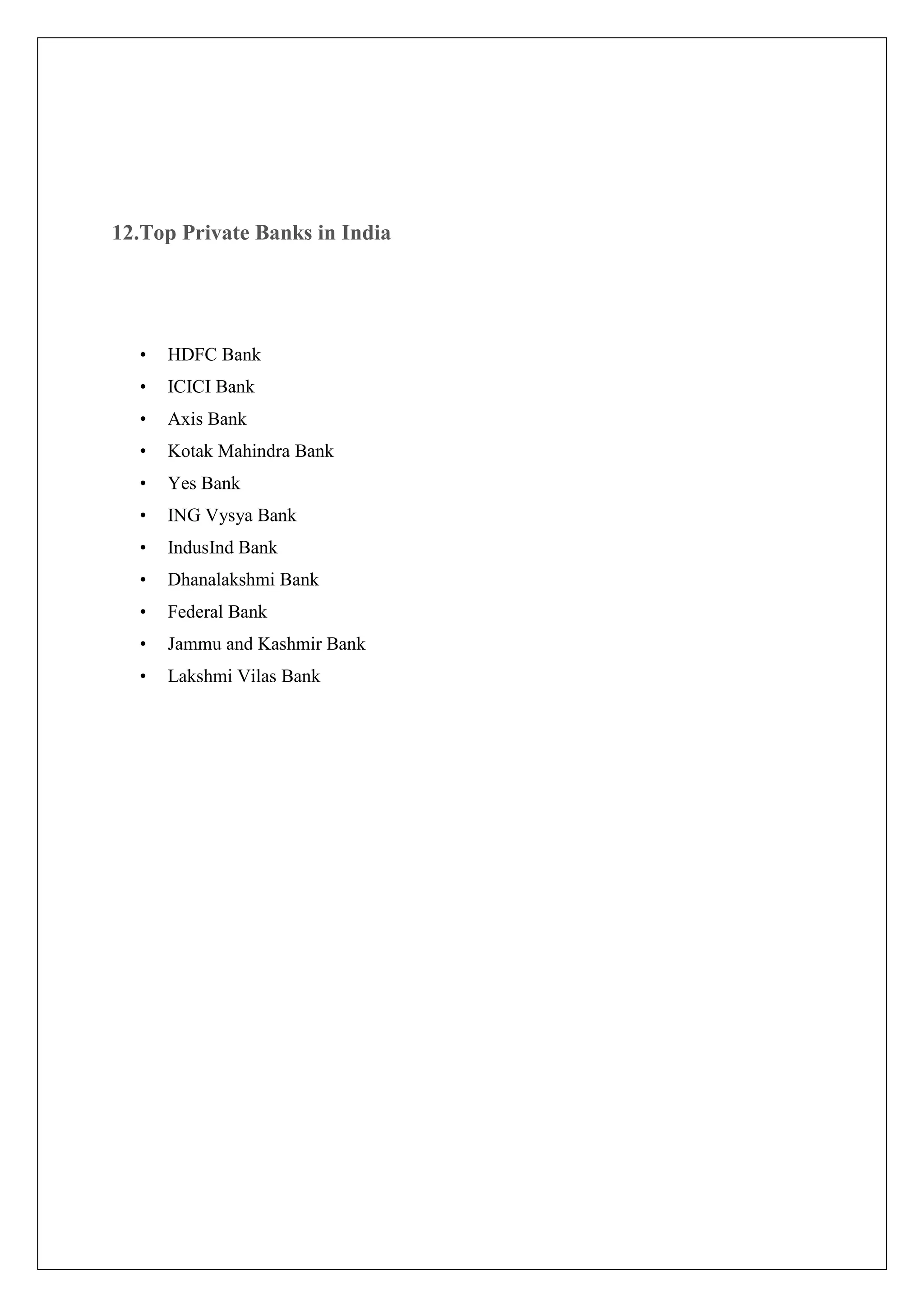 12.Top Private Banks in India




  •   HDFC Bank
  •   ICICI Bank
  •   Axis Bank
  •   Kotak Mahindra Bank
  •   Yes Bank
  •   ING Vysya Bank
  •   IndusInd Bank
  •   Dhanalakshmi Bank
  •   Federal Bank
  •   Jammu and Kashmir Bank
  •   Lakshmi Vilas Bank
 