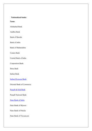 Nationalized banks

Name

Allahabad Bank

Andhra Bank

Bank of Baroda

Bank of India

Bank of Maharashtra

Canara Bank

Central Bank of India

Corporation Bank

Dena Bank

Indian Bank

Indian Overseas Bank

Oriental Bank of Commerce

Punjab & Sind Bank

Punjab National Bank

State Bank of India

State Bank of Mysore

State Bank of Patiala

State Bank of Travancore
 