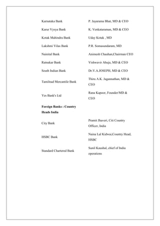 Karnataka Bank             P. Jayarama Bhat, MD & CEO

Karur Vysya Bank           K. Venkataraman, MD & CEO

Kotak Mahindra Bank        Uday Kotak , MD

Lakshmi Vilas Bank         P.R. Somasundaram, MD

Nainital Bank              Animesh Chauhan,Chairman CEO

Ratnakar Bank              Vishwavir Ahuja, MD & CEO

South Indian Bank          Dr.V.A.JOSEPH, MD & CEO

                           Thiru A.K. Jagannathan, MD &
Tamilnad Mercantile Bank
                           CEO

                           Rana Kapoor, Founder/MD &
Yes Bank's Ltd
                           CEO

Foreign Banks : Country
Heads India

                           Pramit Jhaveri, Citi Country
City Bank
                           Officer, India

                           Naina Lal Kidwai,Country Head,
HSBC Bank
                           HSBC

                           Sunil Kaushal, chief of India
Standard Chartered Bank
                           operations
 