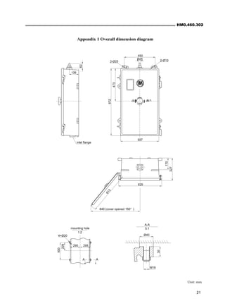 HM0.460.302
21
Appendix 1 Overall dimension diagram
Unit: mm
A A
N-1
1-N
5:1
A-A
1:2
inlet flange
136
295
295
4×Ø20
Ø25
2-Ø25
972
473
450
557
2-Ø13
30
M16
625
Ø40
327
170
62
500
229
6
1
3
mounting hole
 