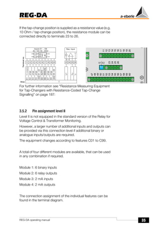 35
REG-DA
REG-DA operating manual
If the tap-change position is supplied as a resistance value (e.g.
10 Ohm / tap-change position), the resistance module can be
connected directly to terminals 23 to 26.
For further information see "Resistance Measuring Equipment
for Tap-Changers with Resistance-Coded Tap-Change
Signalling" on page 187:
3.5.2 Pin assignment level II
Level II is not equipped in the standard version of the Relay for
Voltage Control & Transformer Monitoring.
However, a larger number of additional inputs and outputs can
be provided via this connection level if additional binary or
analogue inputs/outputs are required.
The equipment changes according to features C01 to C99.
A total of four different modules are available, that can be used
in any combination if required.
Module 1: 6 binary inputs
Module 2: 6 relay outputs
Module 3: 2 mA inputs
Module 4: 2 mA outputs
The connection assignment of the individual features can be
found in the terminal diagram.
E
1
.
.
.
E
4
T
C
i
n
p
r
o
g
r
e
s
s
p
r
o
g
r
.
p
r
o
g
r
.
p
r
o
g
r
.
A
U
T
O
M
A
N
U
A
L
p
r
o
g
r
.
p
r
o
g
r
.
E
5
.
.
.
E
8
I n p u t s E 1 . . . E 8
A C / D C 5 0 . . . 2 5 0 V
1 1 1 2 1 3 1 4 1 5 1 6 1 7 1 8 1 9 2 0
G
N
D
E
1
E
2
E
3
E
4
E
5
E
6
E
7
E
8
G
N
D
1
T
e
r
m
i
n
a
l
n
o
.
A r e a
R e s . I n p u t
2 4 2 5 2 6
2 3
+ -
I
K
-
I
K
+
U
E
-
 