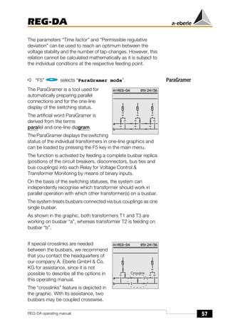 57
REG-DA
REG-DA operating manual
The parameters “Time factor” and “Permissible regulative
deviation” can be used to reach an optimum between the
voltage stability and the number of tap-changes. However, this
relation cannot be calculated mathematically as it is subject to
the individual conditions at the respective feeding point.
ParaGramer
➪ “F5” selects “ParaGramer mode”.
The ParaGramer is a tool used for
automatically preparing parallel
connections and for the one-line
display of the switching status.
The artificial word ParaGramer is
derived from the terms
parallel and one-line diagram.
The ParaGramer displays the switching
status of the individual transformers in one-line graphics and
can be loaded by pressing the F5 key in the main menu.
The function is activated by feeding a complete busbar replica
(positions of the circuit breakers, disconnectors, bus ties and
bus couplings) into each Relay for Voltage Control &
Transformer Monitoring by means of binary inputs.
On the basis of the switching statuses, the system can
independently recognise which transformer should work in
parallel operation with which other transformer(s) on a busbar.
The system treats busbars connected via bus couplings as one
single busbar.
As shown in the graphic, both transformers T1 and T3 are
working on busbar “a”, whereas transformer T2 is feeding on
busbar “b”.
If special crosslinks are needed
between the busbars, we recommend
that you contact the headquarters of
our company A. Eberle GmbH & Co.
KG for assistance, since it is not
possible to describe all the options in
this operating manual.
The “crosslinks” feature is depicted in
the graphic. With its assistance, two
busbars may be coupled crosswise.
Crosslink
 