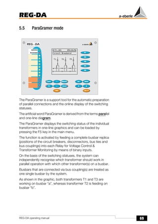69
REG-DA
REG-DA operating manual
5.5 ParaGramer mode
The ParaGramer is a support tool for the automatic preparation
of parallel connections and the online display of the switching
statuses.
The artificial word ParaGramer is derived from the terms parallel
and one-line diagram.
The ParaGramer displays the switching status of the individual
transformers in one-line graphics and can be loaded by
pressing the F5 key in the main menu.
The function is activated by feeding a complete busbar replica
(positions of the circuit breakers, disconnectors, bus ties and
bus couplings) into each Relay for Voltage Control &
Transformer Monitoring by means of binary inputs.
On the basis of the switching statuses, the system can
independently recognise which transformer should work in
parallel operation with which other transformer(s) on a busbar.
Busbars that are connected via bus coupling(s) are treated as
one single busbar by the system.
As shown in the graphic, both transformers T1 and T3 are
working on busbar “a”, whereas transformer T2 is feeding on
busbar “b”.
 