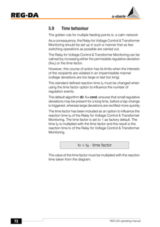 72
REG-DA
REG-DA operating manual
5.9 Time behaviour
The golden rule for multiple feeding points is: a calm network
As a consequence, the Relay for Voltage Control & Transformer
Monitoring should be set up in such a manner that as few
switching operations as possible are carried out.
The Relay for Voltage Control & Transformer Monitoring can be
calmed by increasing either the permissible regulative deviation
(Xwz) or the time factor.
However, this course of action has its limits when the interests
of the recipients are violated in an impermissible manner
(voltage deviations are too large or last too long).
The standard defined reaction time tB must be changed when
using the time factor option to influence the number of
regulation events.
The default algorithm dU · t = const. ensures that small regulative
deviations may be present for a long time, before a tap-change
is triggered, whereas large deviations are rectified more quickly.
The time factor has been included as an option to influence the
reaction time tB of the Relay for Voltage Control & Transformer
Monitoring. The time factor is set to 1 as factory default. The
time tB is multiplied with the time factor and the result is the
reaction time tv of the Relay for Voltage Control & Transformer
Monitoring.
The value of the time factor must be multiplied with the reaction
time taken from the diagram.
tv = tB · time factor
 