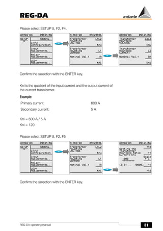 81
REG-DA
REG-DA operating manual
Please select SETUP 5, F2, F4.
Confirm the selection with the ENTER key.
Kni is the quotient of the input current and the output current of
the current transformer.
Example:
Kni = 600 A / 5 A
Kni = 120
Please select SETUP 5, F2, F5
Confirm the selection with the ENTER key.
Primary current: 600 A
Secondary current: 5 A
 