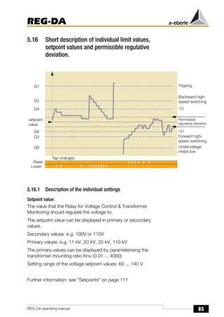 85
REG-DA
REG-DA operating manual
5.16 Short description of individual limit values,
setpoint values and permissible regulative
deviation.
5.16.1 Description of the individual settings
Setpoint value:
The value that the Relay for Voltage Control & Transformer
Monitoring should regulate the voltage to.
The setpoint value can be displayed in primary or secondary
values.
Secondary values: e.g. 100V or 110V
Primary values: e.g. 11 kV, 20 kV, 33 kV, 110 kV
The primary values can be displayed by parameterising the
transformer mounting ratio Knu (0.01 ... 4000)
Setting range of the voltage setpoint values: 60 ... 140 V
Further information: see "Setpoints" on page 111
Tripping
Backward high-
speed switching
>U
Permissible
regulative deviation
<U
Forward high-
speed switching
Undervoltage
inhibit low
Tap-changes
G1
G2
G4
G3
G8
setpoint
value
G6
Raise
Lower
 