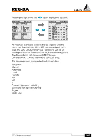 107
REG-DA
REG-DA operating manual
Pressing the right arrow key again displays the log book.
All important events are stored in the log together with the
respective time and date. Up to 127 events can be stored in
total. The LOG BOOK memory is a First In First Out (FIFO)
rotating memory, i.e. if the memory is full, the oldest entry (event
1) will be replaced with the newest (127th) event.
Use the keys F2 ... F5 to search for a particular entry.
The following events are saved with a time and date:
Power ON
Manual
Automatic
Local
Remote
<U
<U
> I
Forward high-speed switching
Backward high-speed switching
Trigger
Inhibit Low
 