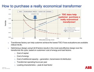 ABB China
July 1, 2018 | Slide 26
How to purchase a really economical transformer
TOC does help
customer purchase a
really economical
transformer!
§ Transformer factory can help customer achieve the lowest TOC if loss evaluations are available
(Value A & B).
§ Optimising a design using A & B factors results in the most cost-effective design over the
transformer life cycle, based on customers’ cost of energy and load factors:
§ Cost of capital
§ Cost of energy
§ Cost of additional capacity – generation, transmission & distribution
§ Transformer operating hours per year
§ Loading characteristics – peak & load factor
 