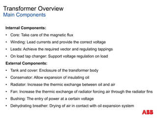 Transformer Overview
Main Components
Internal Components:
• Core: Take care of the magnetic flux
• Winding: Lead currents and provide the correct voltage
• Leads: Achieve the required vector and regulating tappings
• On load tap changer: Support voltage regulation on load
External Components:
• Tank and cover: Enclosure of the transformer body
• Conservator: Allow expansion of insulating oil
• Radiator: Increase the thermic exchange between oil and air
• Fan: Increase the thermic exchange of radiator forcing air through the radiator fins
• Bushing: The entry of power at a certain voltage
• Dehydrating breather: Drying of air in contact with oil expansion system
 