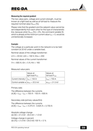 233
REG-DA
REG-DA operating manual
Measuring the required gradient
The two value pairs, voltage and current strength, must be
known at a light load as well as at full load to measure the
required nominal value Gnom [%].
Please note that the gradient and the setpoint value cannot be
set independently from each other for this type of characteristic
line, because when Gnom [%] > 0%, the command variable W,
which is already at the minimum current value Imin > 0, would be
unintentionally increased.
Example:
The voltage at a particular point in the network is to be held
constant at 20 kV under a variable load.
Nominal values of the voltage transformer:
U1n = 20 kV; U2n = 100 V; Knu = 200
Nominal values of the current transformer:
I1n = 800 A; I2n = 5 A; Kni = 160
Measured value pairs:
Primary side:
The difference between the currents
∆I [A] = Imax - Imin = 700 A - 100 A = 600 A
Secondary side (primary values/Kni):
The difference between the currents
∆I [A] = Imax - Imin = 4.375 A - 0.625 A = 3.750 A
Absolute voltage change
∆U [V] = 21.5 kV - 20.5 kV = 1.0 kV
Voltage change in percent
∆U [%] = (1.0 kV / 20.0 kV) 100 % = 5 %
Values at
light load Pmin
Values at
full load Pmax
Current intensity I Imin = 100 A Imax = 700 A
Control variable w wmin = 20.5 kV wmax = 21.5 kV
 