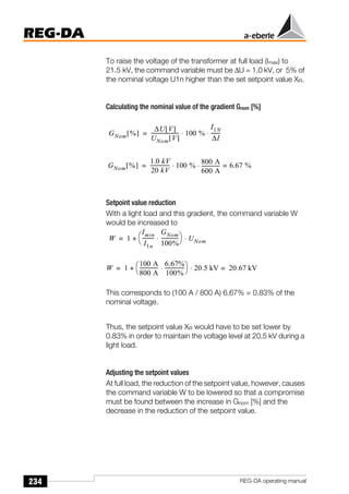 234
REG-DA
REG-DA operating manual
To raise the voltage of the transformer at full load (Imax) to
21.5 kV, the command variable must be ∆U = 1.0 kV, or 5% of
the nominal voltage U1n higher than the set setpoint value XR.
Calculating the nominal value of the gradient Gnom [%]
Setpoint value reduction
With a light load and this gradient, the command variable W
would be increased to
This corresponds to (100 A / 800 A) 6.67% = 0.83% of the
nominal voltage.
Thus, the setpoint value XR would have to be set lower by
0.83% in order to maintain the voltage level at 20.5 kV during a
light load.
Adjusting the setpoint values
At full load, the reduction of the setpoint value, however, causes
the command variable W to be lowered so that a compromise
must be found between the increase in Gnom [%] and the
decrease in the reduction of the setpoint value.
GNom %
[ ]
∆U V
[ ]
UNom V
[ ]
---------------------- 100 %
I1N
∆I
-------
-
⋅
⋅
=
GNom %
[ ]
1.0 kV
20 kV
---------------
- 100 %
800 A
600 A
--------------
- 6.67 %
=
⋅
⋅
=
W 1
Imin
I1n
---------
⎝
⎛
+
GNom
100%
-------------
-
⎠
⎞ UNom
⋅ ⋅
=
W 1
100 A
800 A
--------------
-
⎝
⎛
+
6.67%
100%
---------------
⎠
⎞ 20.5 kV 20.67 kV
=
⋅ ⋅
=
 