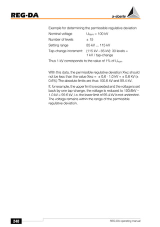 240
REG-DA
REG-DA operating manual
Example for determining the permissible regulative deviation
Nominal voltage UNom = 100 kV
Number of levels ± 15
Setting range 85 kV ... 115 kV
Tap-change increment: (115 kV - 85 kV): 30 levels =
1 kV / tap-change
Thus 1 kV corresponds to the value of 1% of Unom
With this data, the permissible regulative deviation Xwz should
not be less than the value Xwz = ± 0.6 ⋅ 1.0 kV = ± 0.6 kV (±
0.6%) The absolute limits are thus 100.6 kV and 99.4 kV.
If, for example, the upper limit is exceeded and the voltage is set
back by one tap-change, the voltage is reduced to 100.6kV –
1.0 kV = 99.6 kV, i.e. the lower limit of 99.4 kV is not undershot.
The voltage remains within the range of the permissible
regulative deviation.
 