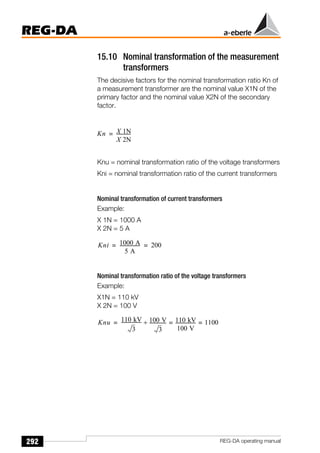 292
REG-DA
REG-DA operating manual
15.10 Nominal transformation of the measurement
transformers
The decisive factors for the nominal transformation ratio Kn of
a measurement transformer are the nominal value X1N of the
primary factor and the nominal value X2N of the secondary
factor.
Knu = nominal transformation ratio of the voltage transformers
Kni = nominal transformation ratio of the current transformers
Nominal transformation of current transformers
Example:
X 1N = 1000 A
X 2N = 5 A
Nominal transformation ratio of the voltage transformers
Example:
X1N = 110 kV
X 2N = 100 V
Kn X 1N
X 2N
------------
=
Kni 1000 A
5 A
-----------------
- 200
= =
Knu 110 kV
3
-----------------
- 100 V
3
--------------
- 110 kV
100 V
-----------------
- 1100
= =
÷
=
 